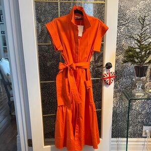 Vibrant Orange Midi Dress with Tie Waist